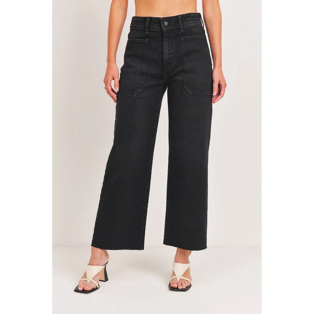 Just Black Denim Womens Wide Leg Utility Patch Pocket Jeans Raw Hem Black 27